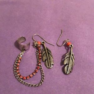 Orange feather earrings with cuff